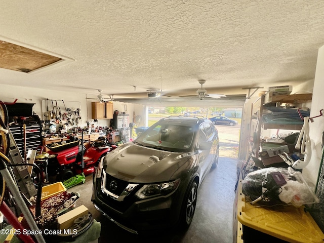 garage featuring a ceiling fan