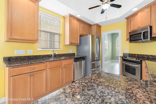 kitchen featuring a raised ceiling, ceiling fan, appliances with stainless steel finishes, dark stone countertops, and a sink