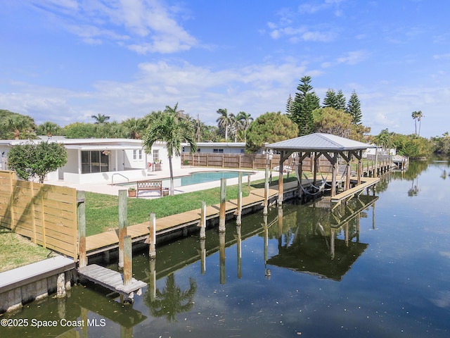 112 Sunset Dr, Cocoa Beach, FL 32931 - dock area with a community pool, a water view, and fence