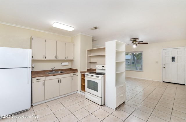 kitchen featuring open shelves, visible vents, white appliances, and light tile patterned flooring