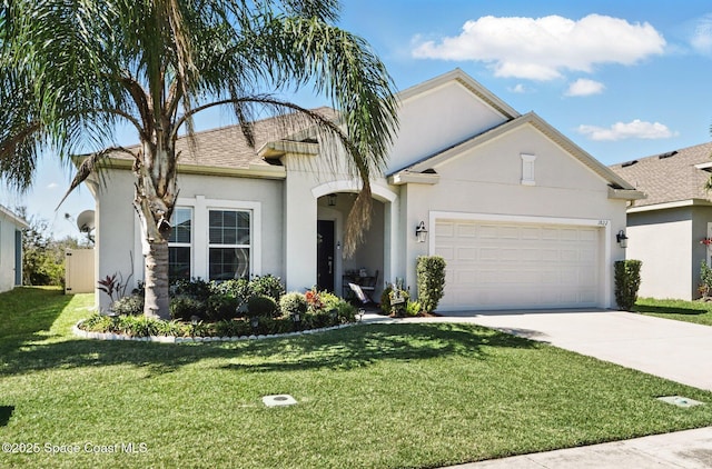 view of front of house with concrete driveway, an attached garage, a front lawn, and stucco siding