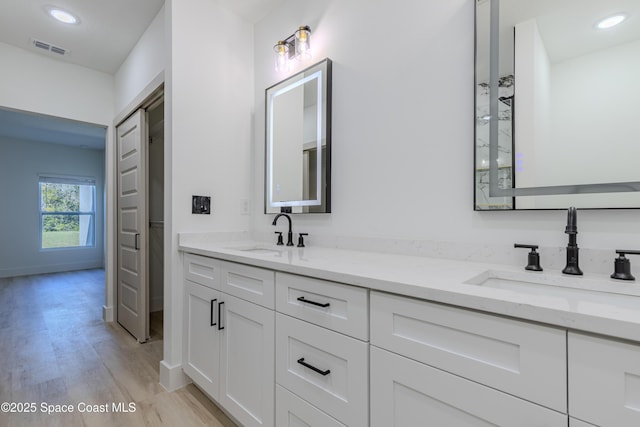 bathroom featuring double vanity, wood finished floors, a sink, and visible vents