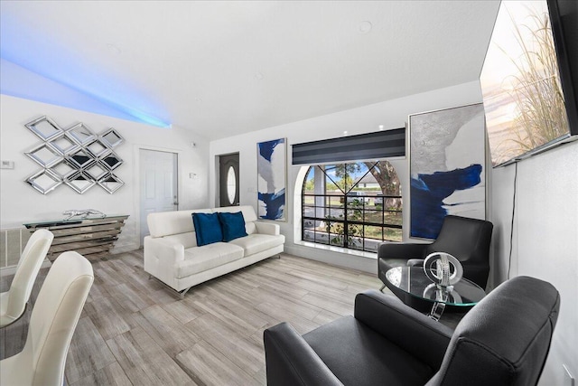 living area with vaulted ceiling and wood finished floors