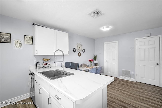 kitchen featuring stainless steel dishwasher, a sink, visible vents, and white cabinetry