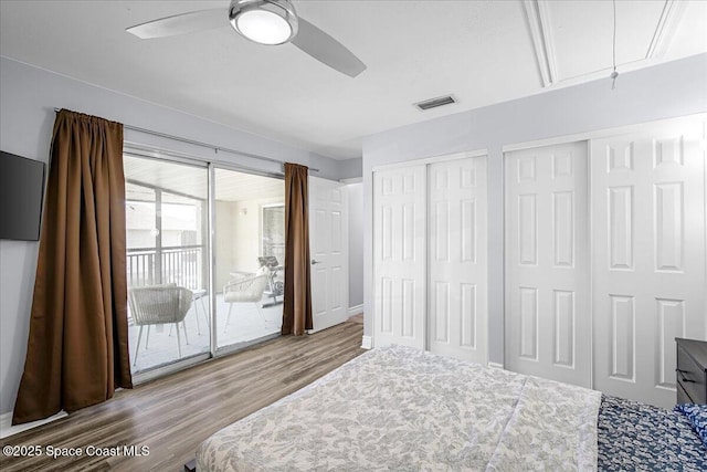 bedroom featuring attic access, visible vents, wood finished floors, access to outside, and multiple closets