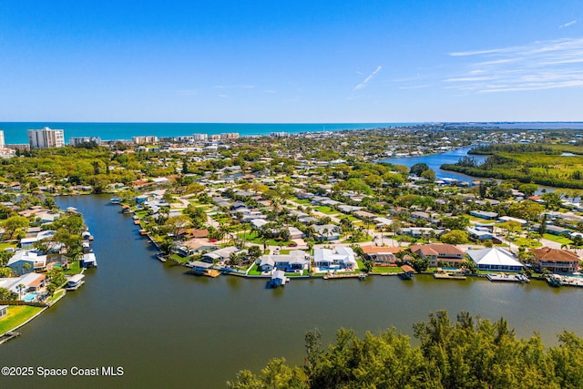 aerial view featuring a water view