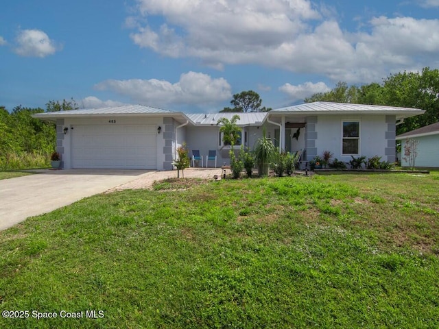 ranch-style house with a front lawn, a standing seam roof, metal roof, concrete driveway, and a garage