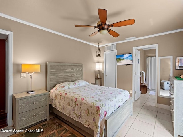 bedroom featuring crown molding, light tile patterned floors, a ceiling fan, and visible vents