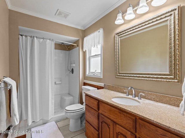 full bathroom with tile patterned flooring, crown molding, toilet, and a shower with shower curtain