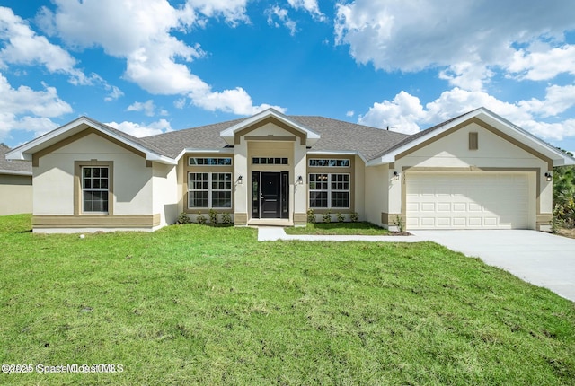 single story home featuring a front yard, concrete driveway, an attached garage, and stucco siding