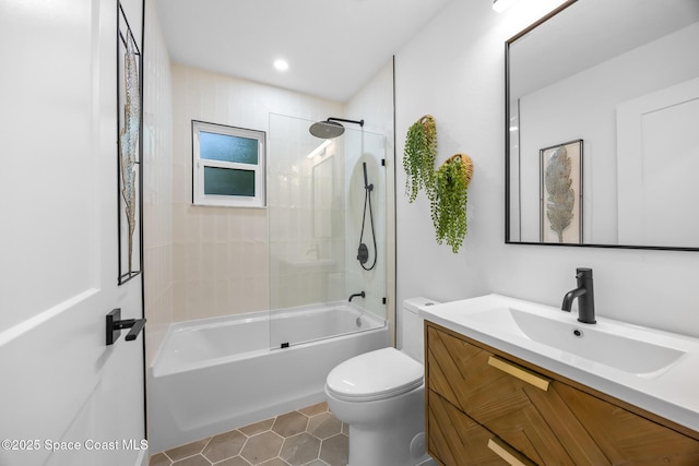 full bathroom with tile patterned floors, toilet, recessed lighting, tub / shower combination, and vanity