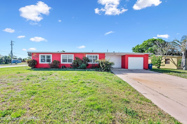 ranch-style house featuring a front yard, an attached garage, concrete driveway, and stucco siding