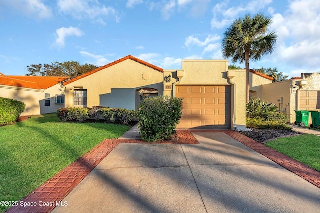733 Spring Valley Dr, Melbourne, FL 32940 - view of front of house with a garage, driveway, a front lawn, and stucco siding