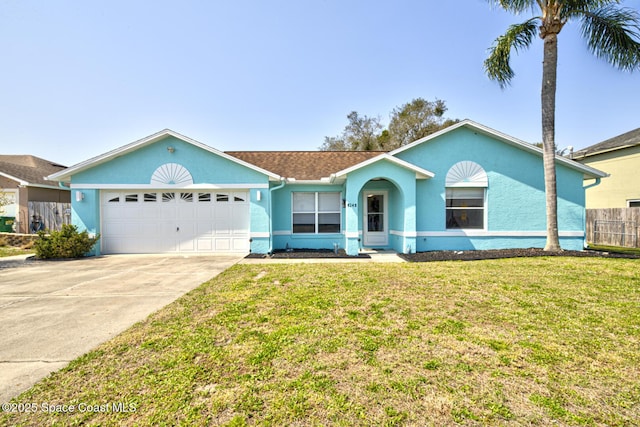 ranch-style home featuring a garage, fence, driveway, stucco siding, and a front lawn