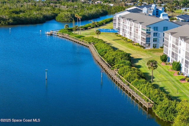 drone / aerial view with a water view