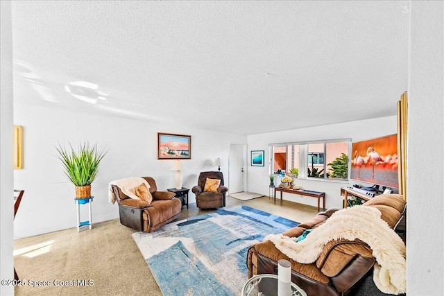 living room with a textured ceiling and speckled floor