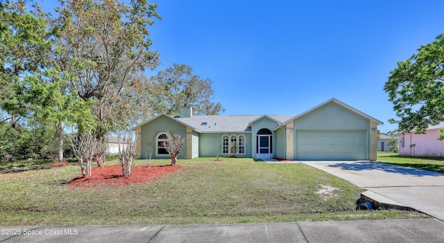 single story home with a front lawn, an attached garage, driveway, and stucco siding