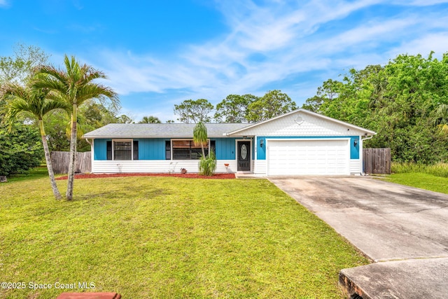 ranch-style house featuring a front lawn, concrete driveway, fence, and an attached garage