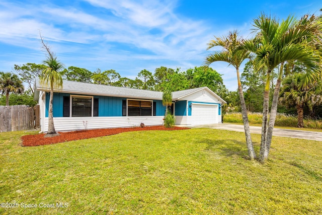 ranch-style house with a garage, concrete driveway, a front lawn, and fence