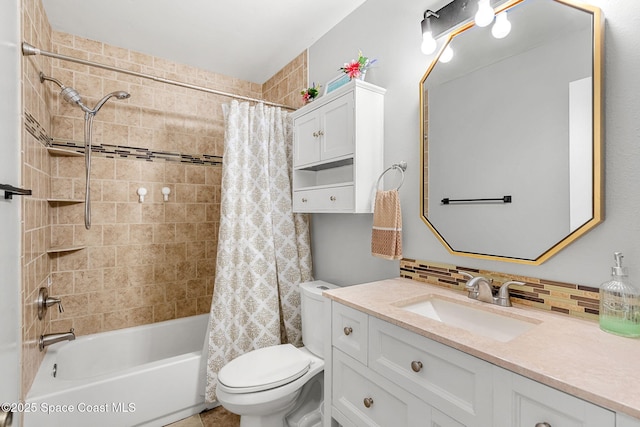 full bathroom featuring tasteful backsplash, vanity, toilet, and shower / bath combo with shower curtain