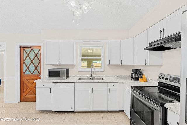 kitchen featuring a sink, appliances with stainless steel finishes, under cabinet range hood, white cabinets, and ceiling fan