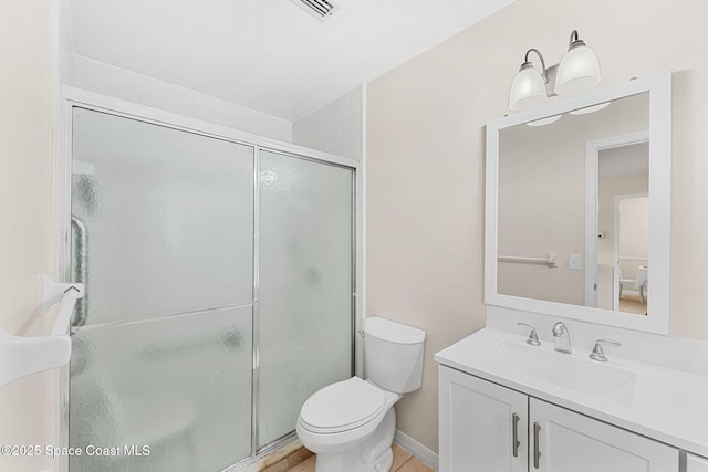 bathroom featuring vanity, visible vents, toilet, and a shower stall