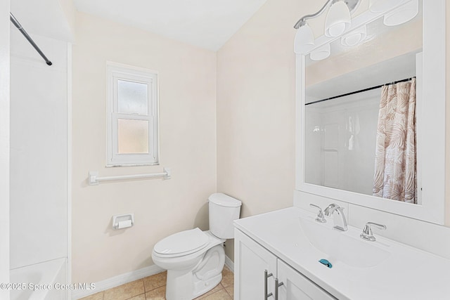 bathroom featuring a shower with curtain, tile patterned floors, toilet, and vanity