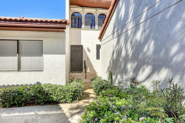 entrance to property with stucco siding and a tiled roof