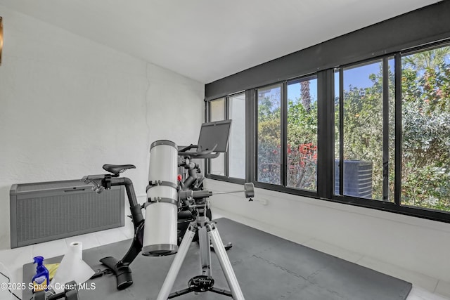 exercise room with vaulted ceiling