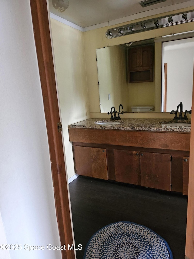 bathroom featuring toilet, wood finished floors, and vanity