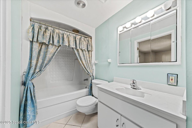 bathroom with tile patterned floors, shower / tub combo, toilet, and vanity