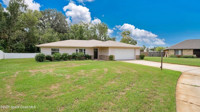 ranch-style house featuring stucco siding, driveway, fence, a front yard, and an attached garage