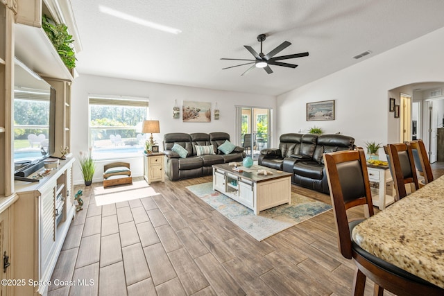 living room with wood finish floors, arched walkways, a healthy amount of sunlight, and vaulted ceiling