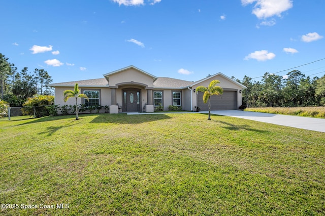 ranch-style home with a front yard, fence, driveway, stucco siding, and a garage