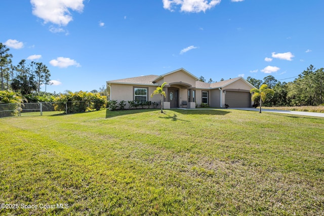 ranch-style house featuring fence, concrete driveway, a front yard, stucco siding, and a garage