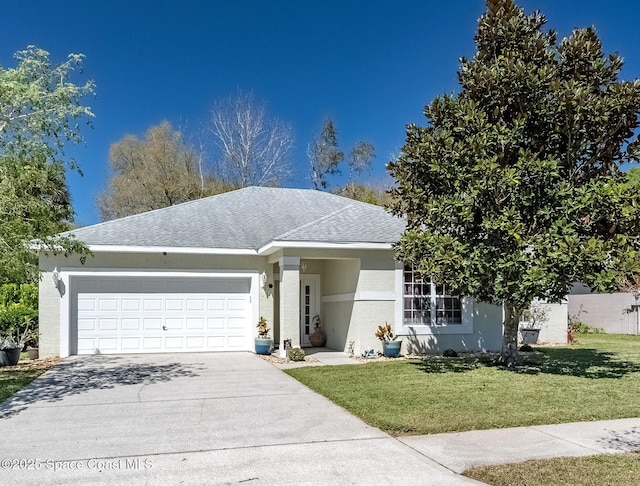 ranch-style house featuring stucco siding, roof with shingles, concrete driveway, a front yard, and a garage