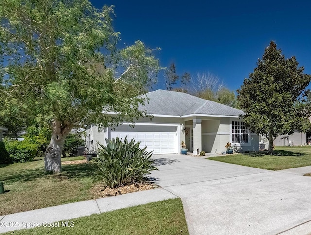 ranch-style home with stucco siding, driveway, a front lawn, roof with shingles, and a garage