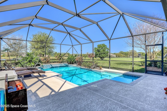 pool with a lanai and a patio