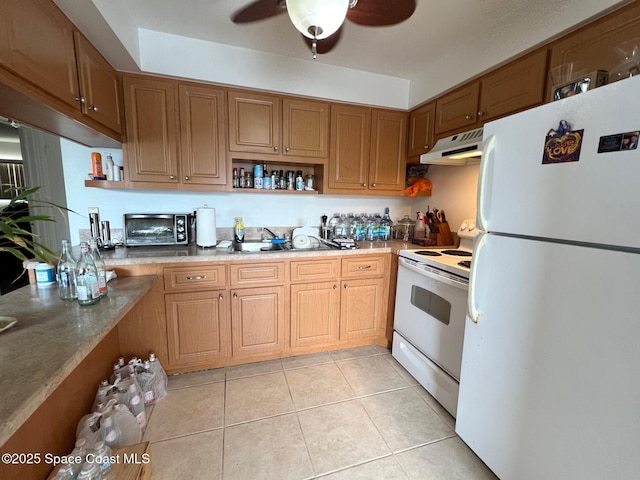 kitchen with a ceiling fan, under cabinet range hood, open shelves, white appliances, and light tile patterned floors