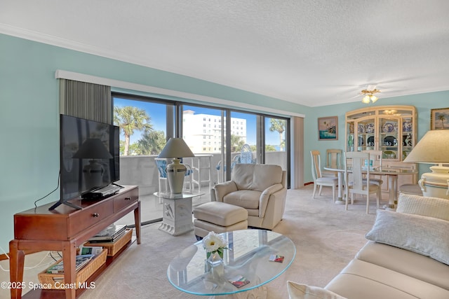 living area with baseboards, carpet floors, a textured ceiling, and crown molding