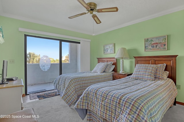 carpeted bedroom with a ceiling fan, access to exterior, crown molding, and baseboards