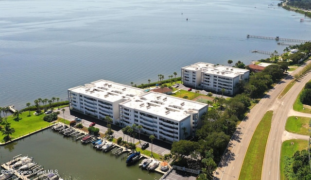 aerial view featuring a water view