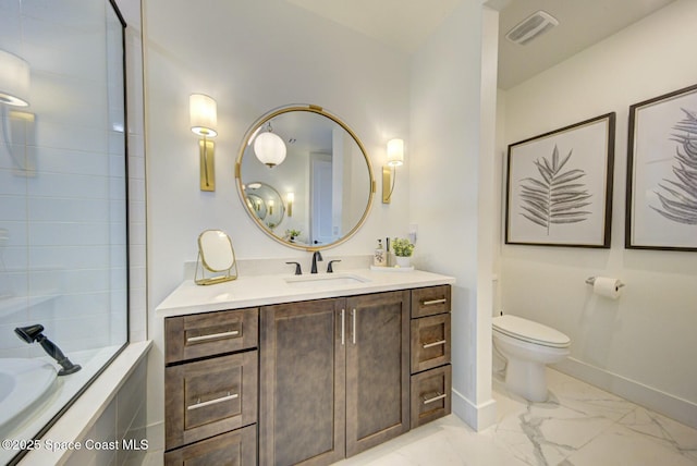 full bathroom featuring visible vents, toilet, marble finish floor, a tub, and vanity