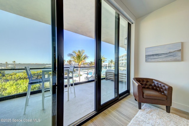 doorway featuring baseboards, light wood-style floors, and floor to ceiling windows