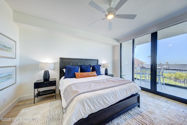 bedroom featuring access to outside, french doors, light wood-style floors, baseboards, and ceiling fan