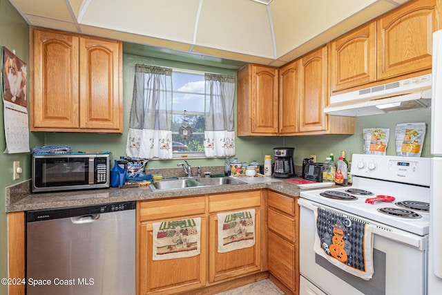 kitchen with a sink, under cabinet range hood, and stainless steel appliances