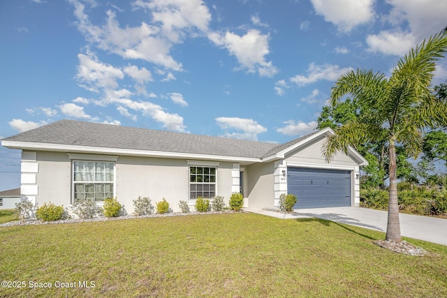 ranch-style house featuring a shingled roof, stucco siding, a front lawn, concrete driveway, and a garage