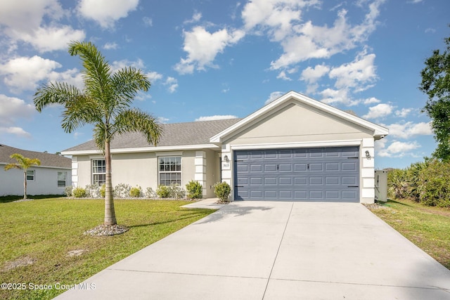 ranch-style home featuring stucco siding, driveway, an attached garage, and a front lawn