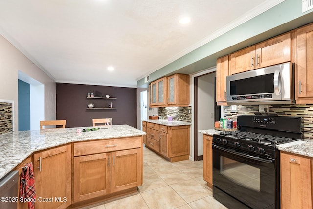 3530 Alan Dr, Titusville, FL 32780 - kitchen featuring ornamental molding, light stone counters, appliances with stainless steel finishes, light tile patterned floors, and decorative backsplash