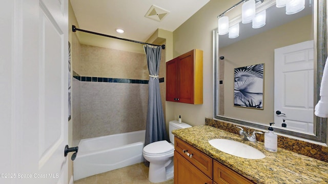 bathroom with vanity, visible vents, shower / bath combo, tile patterned flooring, and toilet